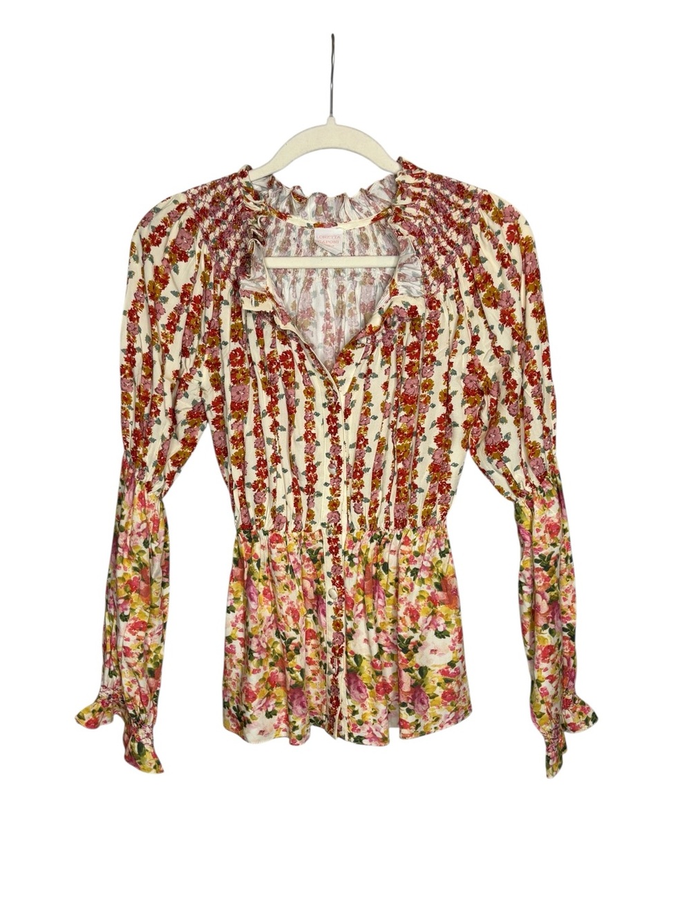 Loretta Caponi Floral Smocked Peasant Blouse Size S